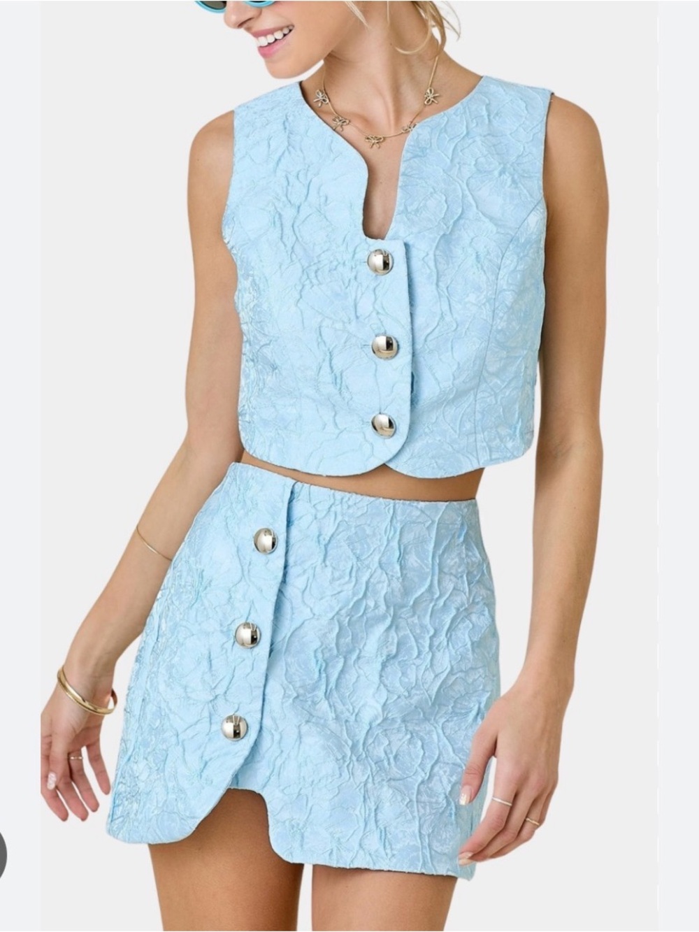 Beautiful Blue Jaquard Skirt (M) & Vest (L) Set